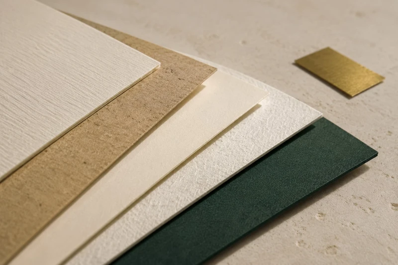 A selection of textured packaging papers in ivory, kraft and forest green
