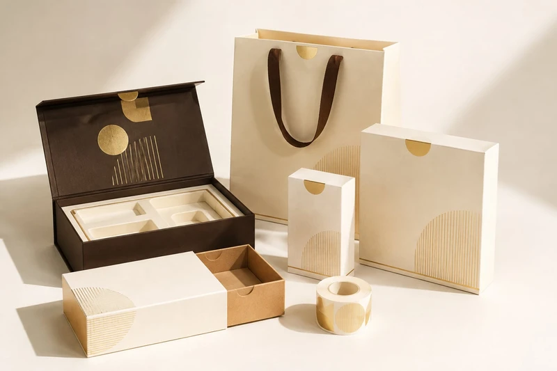 Custom packaging in cream, warm brown and gold
